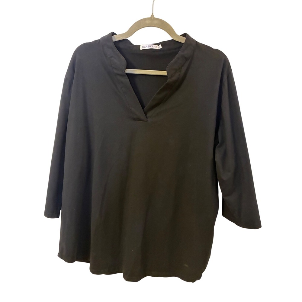 Ceasikery Women Black Split V-Neck Tunic Top 3/4 Sleeve Plus Size XXL